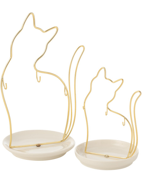 Porte bijoux original Chat Hauteur 27 cm en Métal Doré Porcelaine Blanc Tovian - 2
