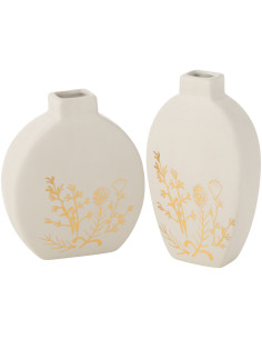 Vase moderne Ovale Hauteur 20 cm en Porcelaine Blanc Doré Motif fleurs Melfa (Lot de 2) - 1