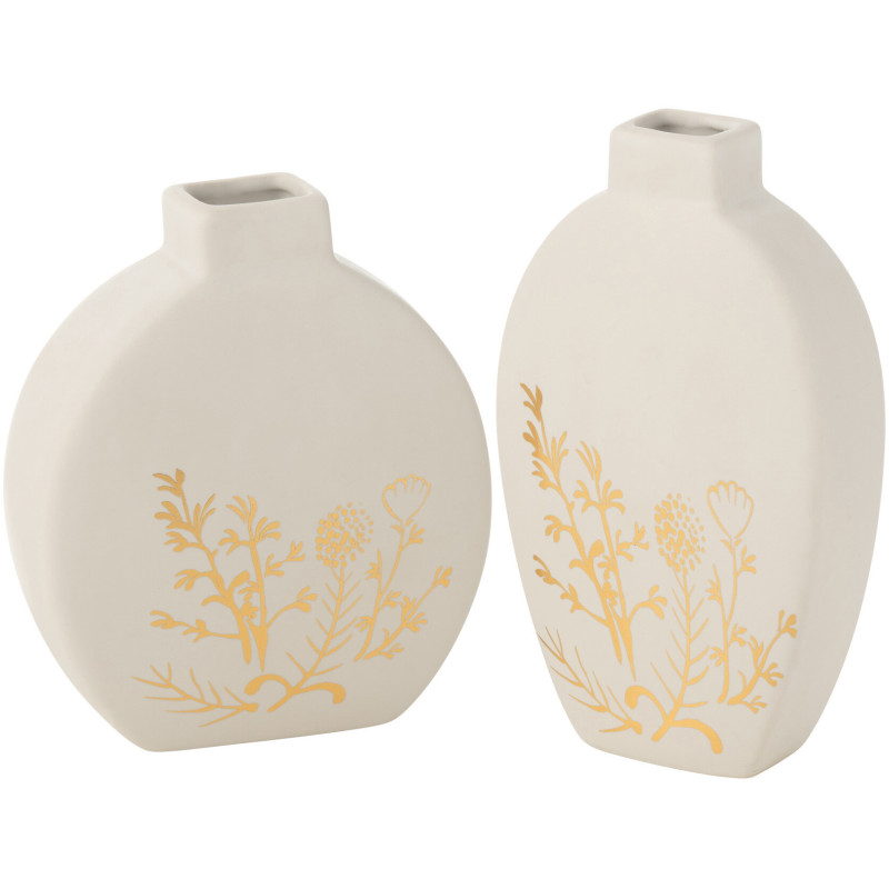 Vase moderne Ovale Hauteur 20 cm en Porcelaine Blanc Doré Motif fleurs Melfa (Lot de 2) - 1