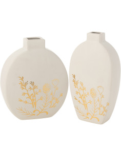 Vase moderne Ovale Hauteur 28 cm en Porcelaine Blanc Doré Motif fleurs Melfa (Lot de 2) - 1