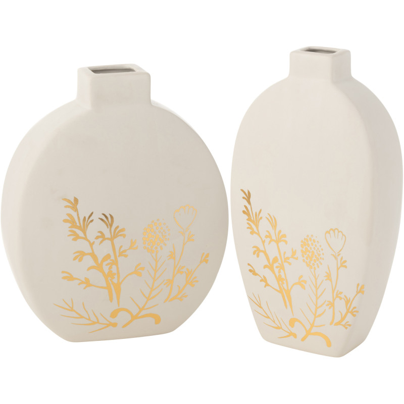 Vase moderne Ovale Hauteur 28 cm en Porcelaine Blanc Doré Motif fleurs Melfa (Lot de 2) - 1