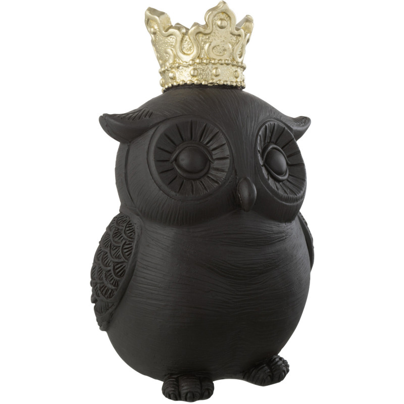 Statuette déco originale Hibou avec couronne Hauteur 16 cm en Résine Noir Doré Tivora - 1