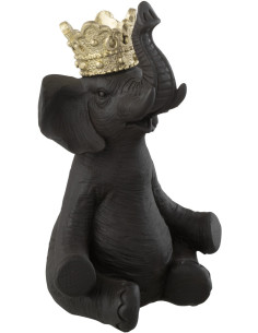 Statuette déco originale Éléphant assis avec couronne Hauteur 19 cm en Résine Noir Doré Ivrena - 1