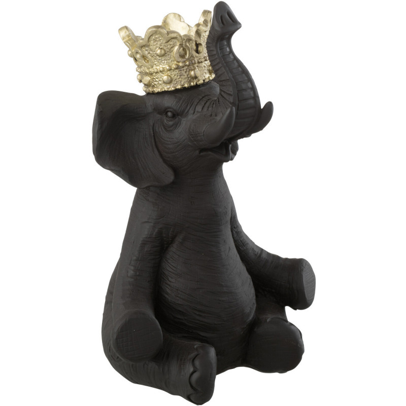 Statuette déco originale Éléphant assis avec couronne Hauteur 19 cm en Résine Noir Doré Ivrena - 1