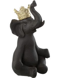 Statuette déco originale Éléphant assis avec couronne Hauteur 23 cm en Résine Noir Doré Ivrena - 1