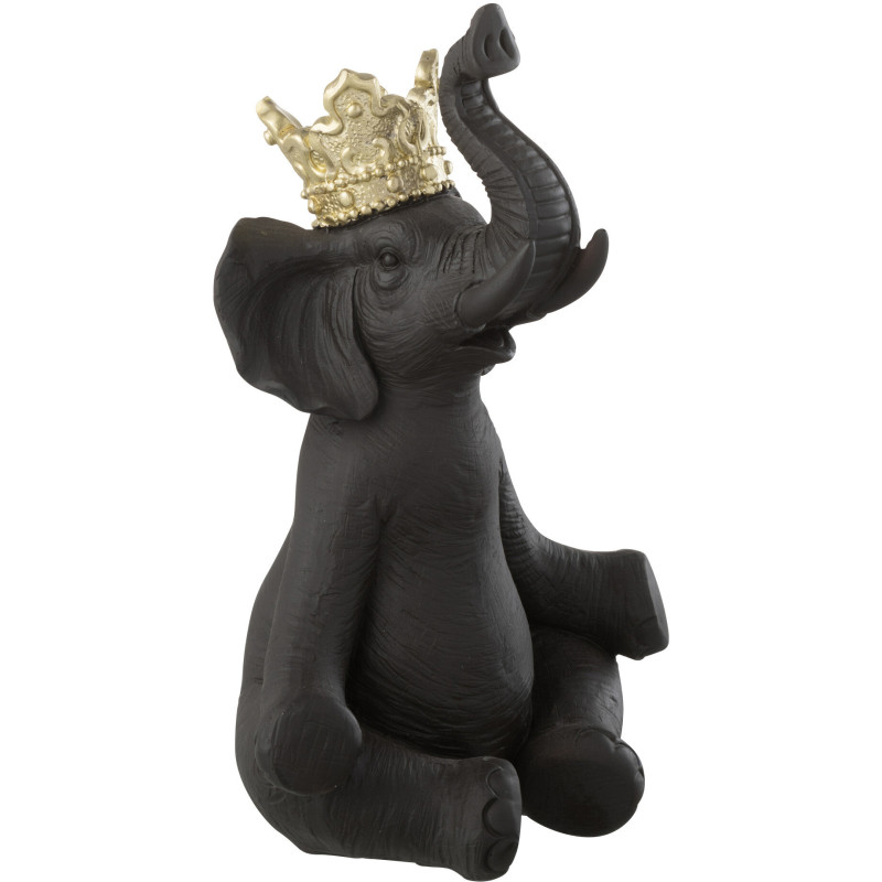 Statuette déco originale Éléphant assis avec couronne Hauteur 23 cm en Résine Noir Doré Ivrena - 1