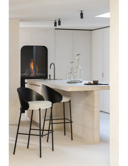 Tabouret de bar design en Tissu Gris Bois Métal Noir Lone - 2