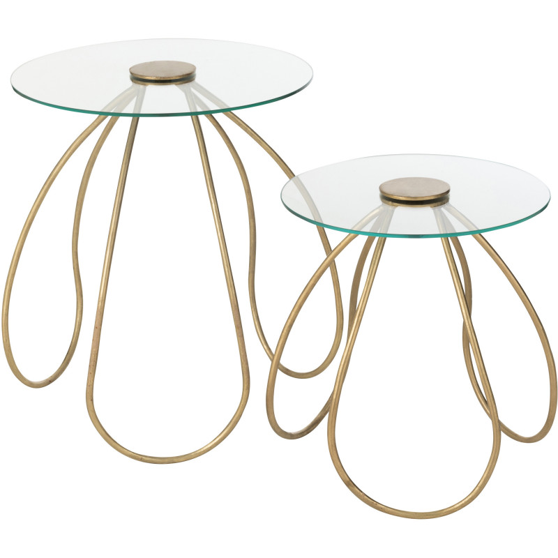 Table basse gigogne moderne Fleurs Ronde en Verre Transparent Métal Doré Byndra (Lot de 2) - 1