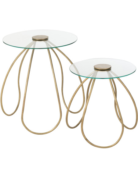 Table basse gigogne moderne Fleurs Ronde en Verre Transparent Métal Doré Byndra (Lot de 2) - 1