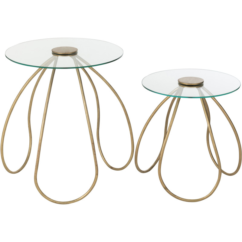 Table basse gigogne moderne Fleurs Ronde en Verre Transparent Métal Doré Byndra (Lot de 2) - 5