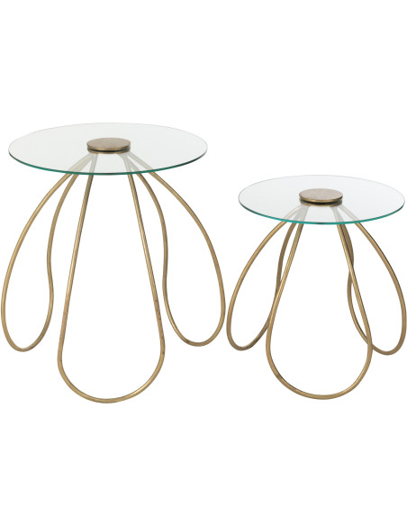 Table basse gigogne moderne Fleurs Ronde en Verre Transparent Métal Doré Byndra (Lot de 2) - 5