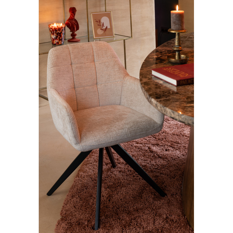 Fauteuil de table moderne pivotant en Tissu acrylique Blanc ivoire Métal Noir Louna - 2