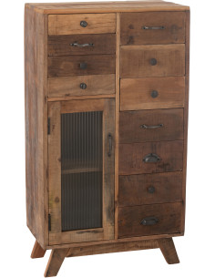 Meuble d'apothicaire revisité 1 porte 11 tiroirs en Bois recyclé Naturel Verre Semi-transparent Haldyn - 1