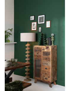 Meuble d'apothicaire revisité 1 porte 11 tiroirs en Bois recyclé Naturel Verre Semi-transparent Haldyn - 2