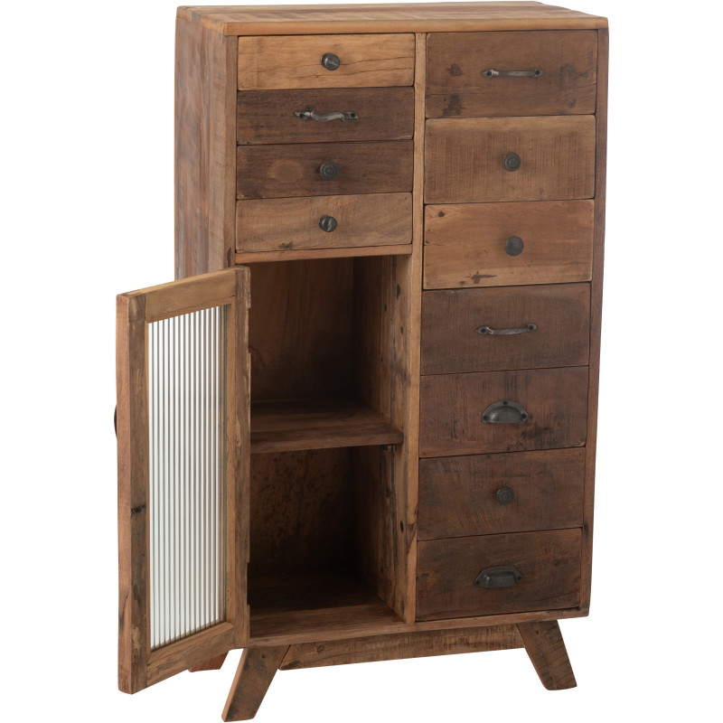 Meuble d'apothicaire revisité 1 porte 11 tiroirs en Bois recyclé Naturel Verre Semi-transparent Haldyn - 9
