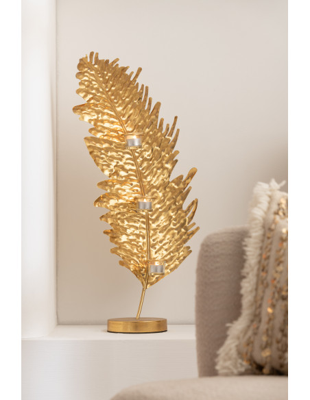 Photophore original Feuille 3 bougies Hauteur 22 cm en Métal Doré Sarek - 2