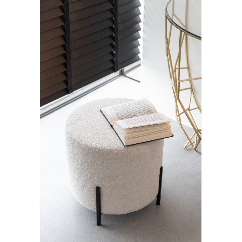 Pouf moderne Rond en Tissu Blanc Bouclette Métal Noir Woolly - 2