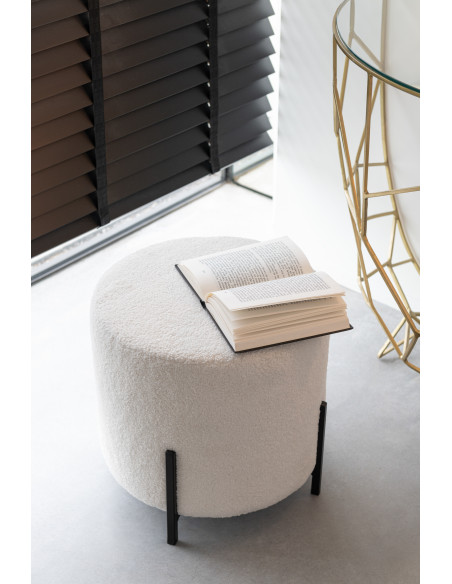 Pouf moderne Rond en Tissu Blanc Bouclette Métal Noir Woolly - 2