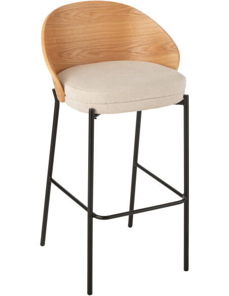 Tabouret de bar design en Tissu Beige Bois Naturel Métal Noir Lone - 1