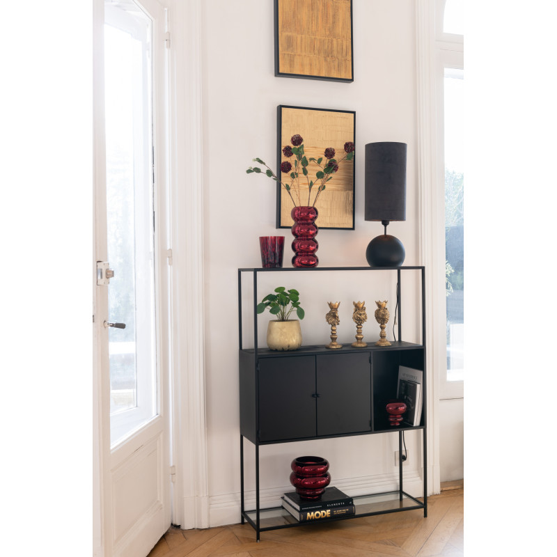 Buffet moderne Haut 2 portes 3 étagères 1 niche en Métal Noir Verre Transparent Tylora - 2