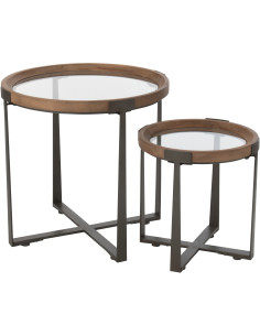 Table d'appoint gigogne moderne Ronde en Bois de sapin Naturel Verre Transparent Métal Noir Luki (Lot de 2) - 1