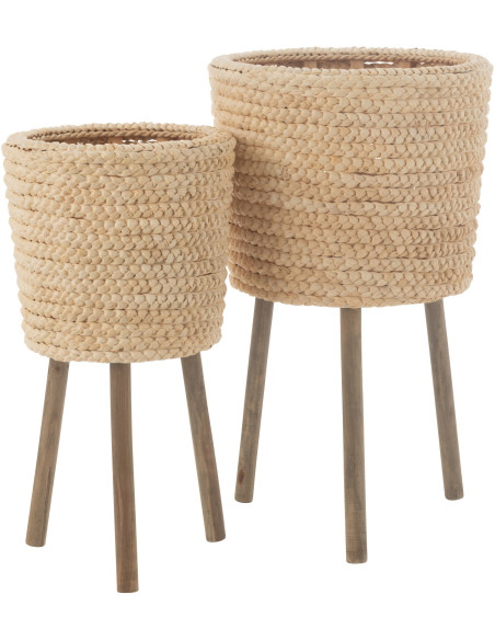 Cache pot sur pieds Rond en Feuille de maïs Bois Naturel Adron (Lot de 2) - 1