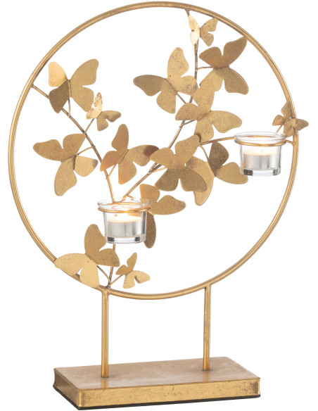 Photophore original Papillons 2 bougies Hauteur 46 cm en Métal Doré Fly - 1