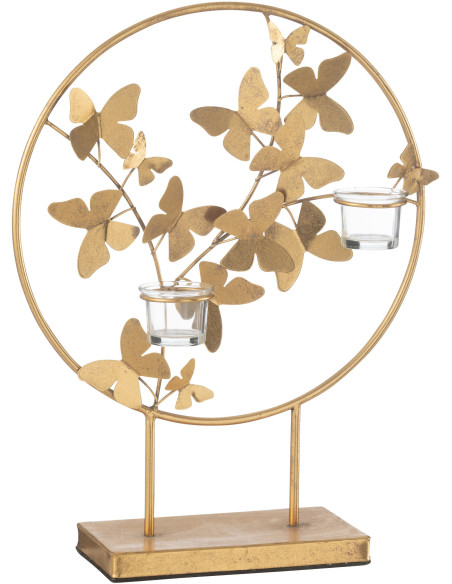 Photophore original Papillons 2 bougies Hauteur 46 cm en Métal Doré Fly - 2