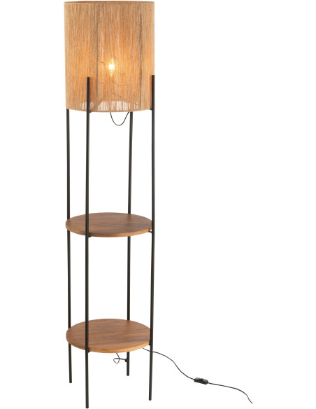 Lampadaire original avec 2 étagères Hauteur 160 cm en Bois de manguier Jute Naturel Métal Noir Mangu - 1