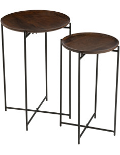 Table d'appoint gigogne moderne Ronde en Bois de manguier Marron Métal Noir Kynara (Lot de 2) - 1