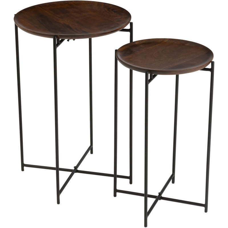 Table d'appoint gigogne moderne Ronde en Bois de manguier Marron Métal Noir Kynara (Lot de 2) - 1