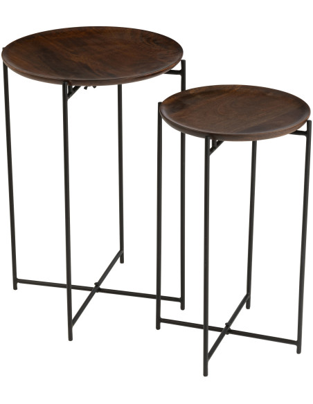Table d'appoint gigogne moderne Ronde en Bois de manguier Marron Métal Noir Kynara (Lot de 2) - 1
