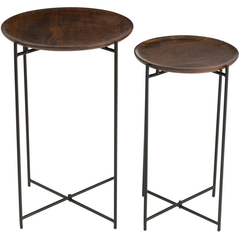 Table d'appoint gigogne moderne Ronde en Bois de manguier Marron Métal Noir Kynara (Lot de 2) - 3