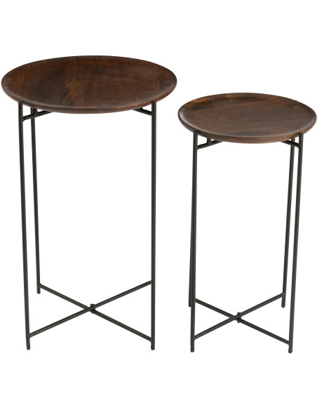 Table d'appoint gigogne moderne Ronde en Bois de manguier Marron Métal Noir Kynara (Lot de 2) - 3