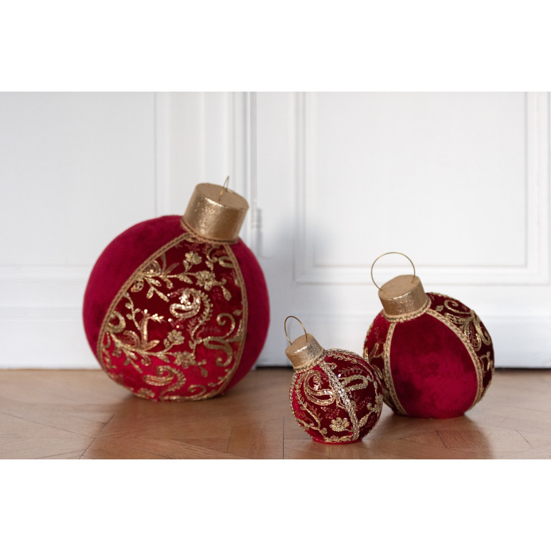 Boule de Noël déco à poser Hauteur 20 cm en Tissu Polymousse Rouge Doré Sirina - 2