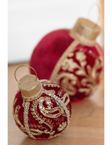 Boule de Noël déco à poser Hauteur 20 cm en Tissu Polymousse Rouge Doré Sirina - 3