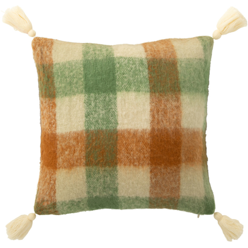Coussin doux original Carré 45x45 en Tissu acrylique Blanc Verte Marron avec pompons Motif carreaux Flooty - 1