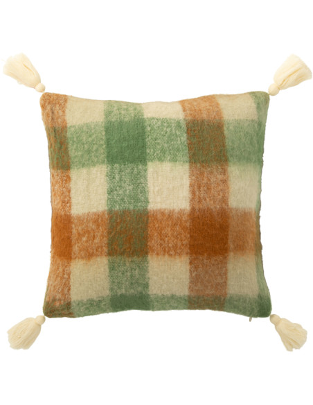 Coussin doux original Carré 45x45 en Tissu acrylique Blanc Verte Marron avec pompons Motif carreaux Flooty - 1