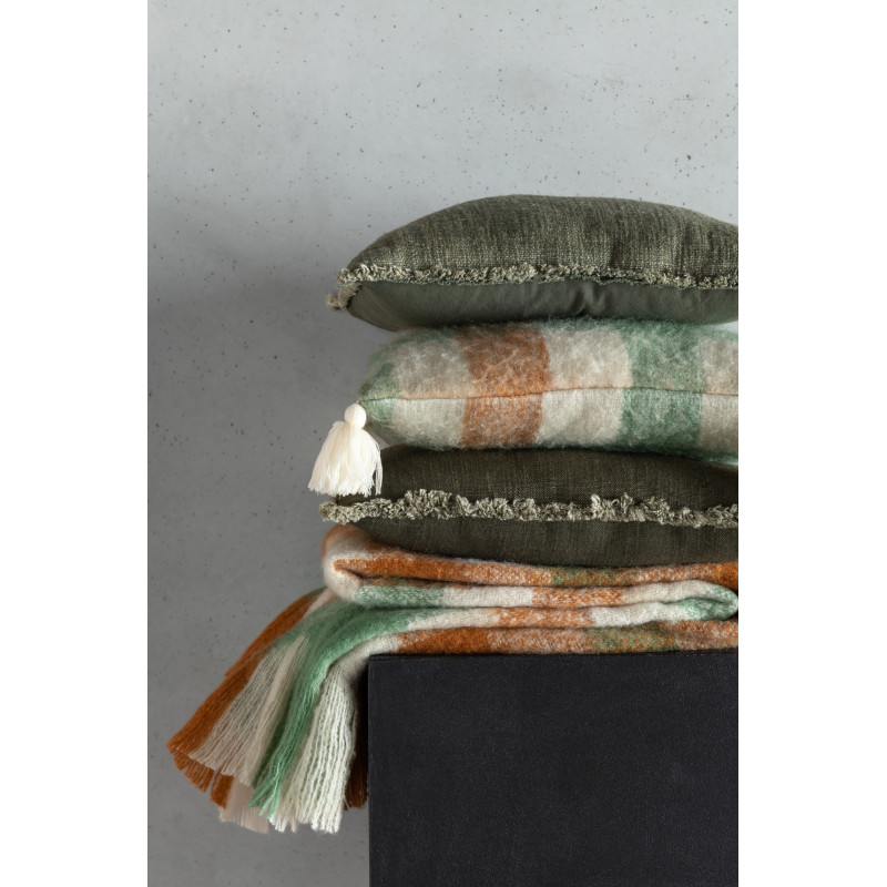 Coussin doux original Carré 45x45 en Tissu acrylique Blanc Verte Marron avec pompons Motif carreaux Flooty - 2