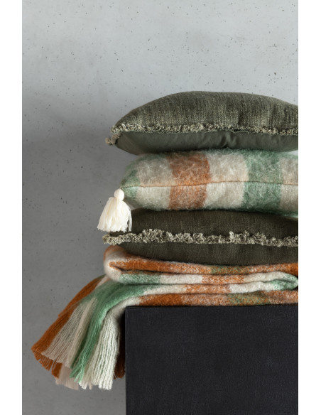 Coussin doux original Carré 45x45 en Tissu acrylique Blanc Verte Marron avec pompons Motif carreaux Flooty - 2