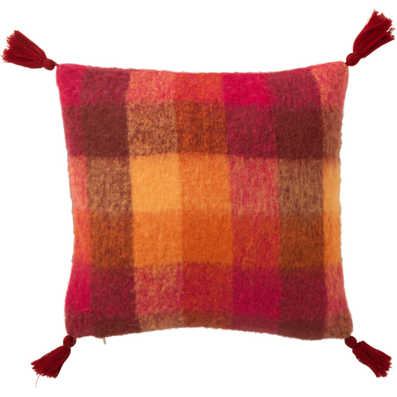 Coussin doux original Carré 45x45 en Tissu acrylique Orange Rouge Bordeaux avec pompons Motif carreaux Flooty - 1