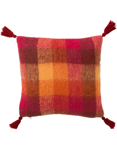 Coussin doux original Carré 45x45 en Tissu acrylique Orange Rouge Bordeaux avec pompons Motif carreaux Flooty - 1