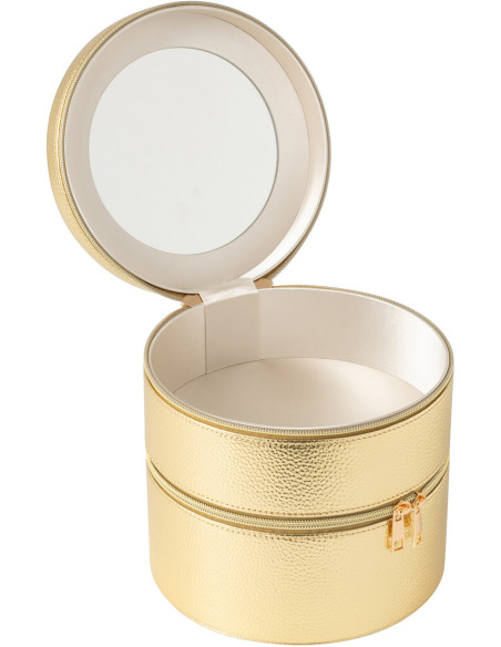 Boîte rangement maquillage ronde 2 niveaux en Simili Doré Miroir Chérie - 2