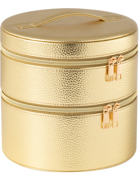 Boîte rangement maquillage ronde 2 niveaux en Simili Doré Miroir Chérie - 1