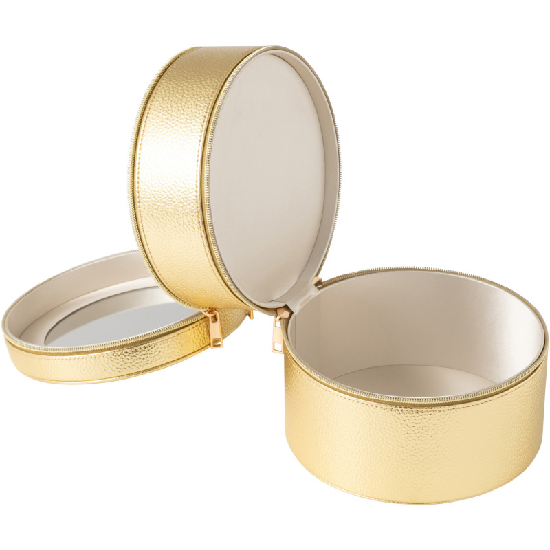 Boîte rangement maquillage ronde 2 niveaux en Simili Doré Miroir Chérie - 3
