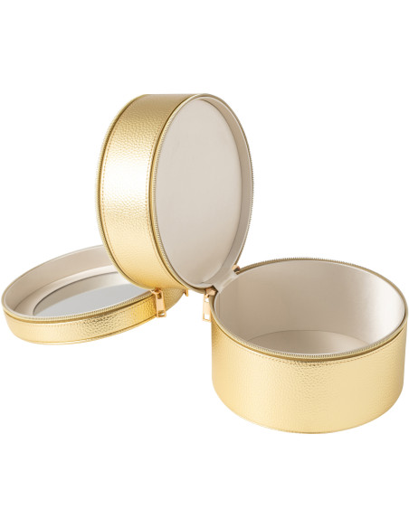 Boîte rangement maquillage ronde 2 niveaux en Simili Doré Miroir Chérie - 3