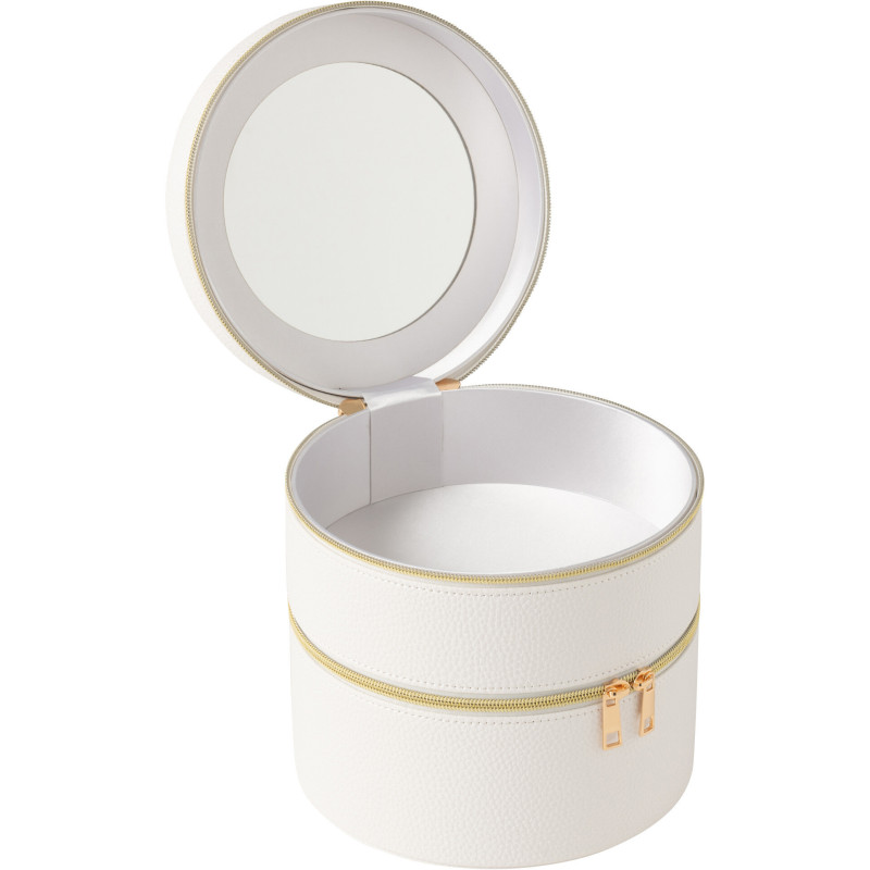 Boîte rangement maquillage ronde 2 niveaux en Simili Blanc Miroir Chérie - 2