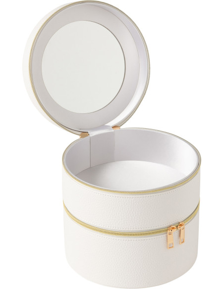 Boîte rangement maquillage ronde 2 niveaux en Simili Blanc Miroir Chérie - 2