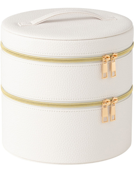 Boîte rangement maquillage ronde 2 niveaux en Simili Blanc Miroir Chérie - 1