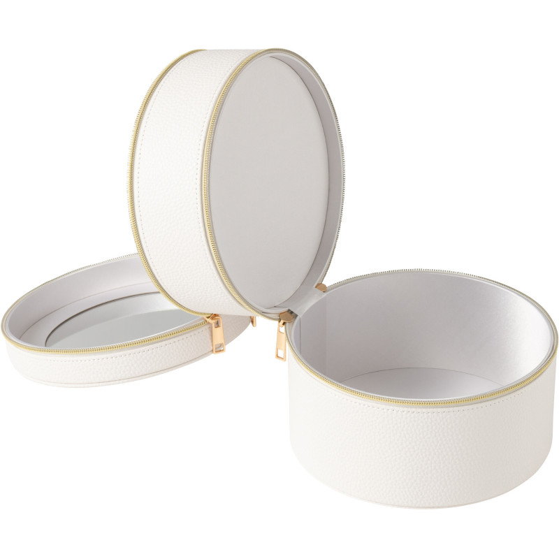 Boîte rangement maquillage ronde 2 niveaux en Simili Blanc Miroir Chérie - 3
